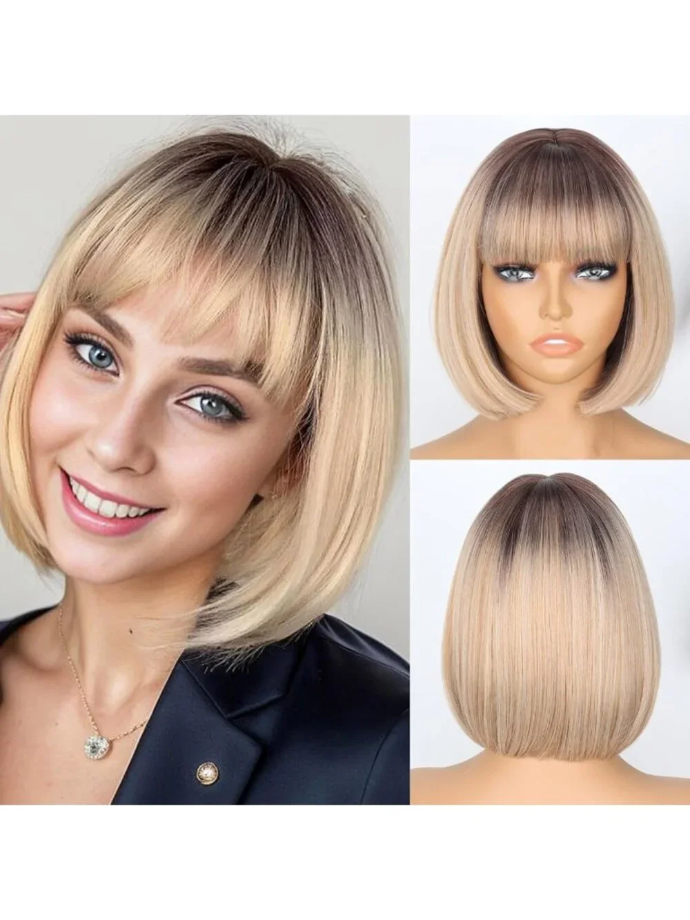 Blonde Bob Wig with Bangs | Short Ombre Dirty Blonde Hair for Women